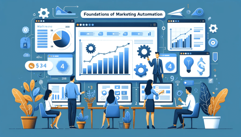 Illustration d'une équipe marketing analysant des données sur des écrans numériques, montrant des graphiques et des mesures marketing, représentant la planification stratégique dans l'automatisation du marketing.