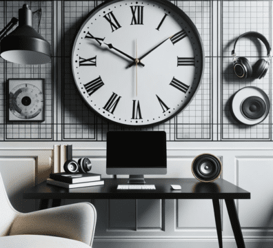 Photo d'un intérieur moderne avec une horloge murale accrochée au-dessus d'un bureau. Sur le bureau, un ordinateur portable est ouvert, et à côté, une paire d'écouteurs ou un casque audio est posée, symbolisant l'isolement créatif pour un blogueur.