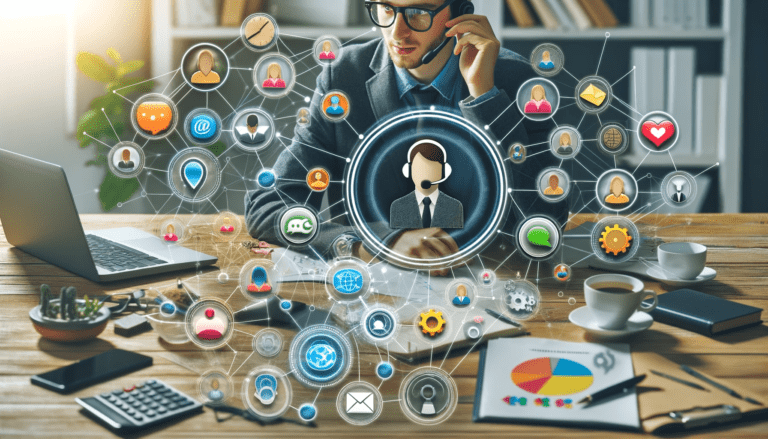 Image visualisant l'engagement des clients dans le marketing numérique, présentant une mise en page créative avec un représentant du service clientèle, des icônes de communication numérique et des clients engagés.