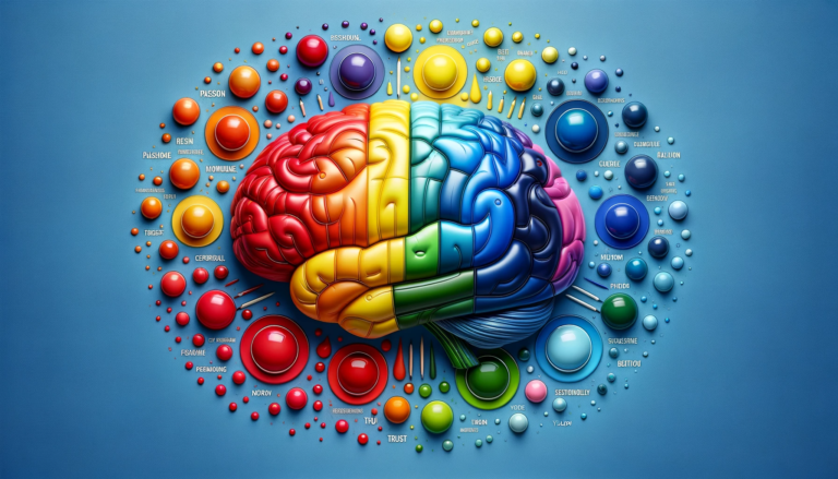 Une image illustrant la section sur l'impact psychologique des couleurs dans le marketing. L'image doit représenter un cerveau humain composé de différentes couleurs, chaque segment représentant différentes émotions associées aux couleurs dans le marketing, comme le rouge pour la passion, le bleu pour la confiance, le jaune pour l'optimisme. Le cerveau doit être au centre de l'image, symbolisant le lien profond entre la psychologie des couleurs et le comportement des consommateurs en marketing