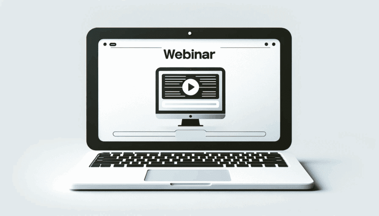 un ordinateur portable avec une interface de webinaire à l'écran, symbolisant le début de l'organisation d'un webinaire réussi. L'arrière-plan doit être sobre et l'image doit être centrée sur l'ordinateur portable et l'écran du webinaire. Mise en page horizontale, adaptée à un en-tête d'article.